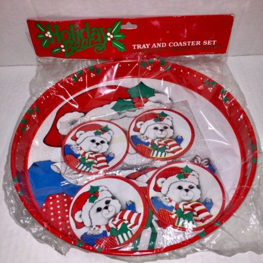 Holiday Bear Round Tray And 4-Coaster Set